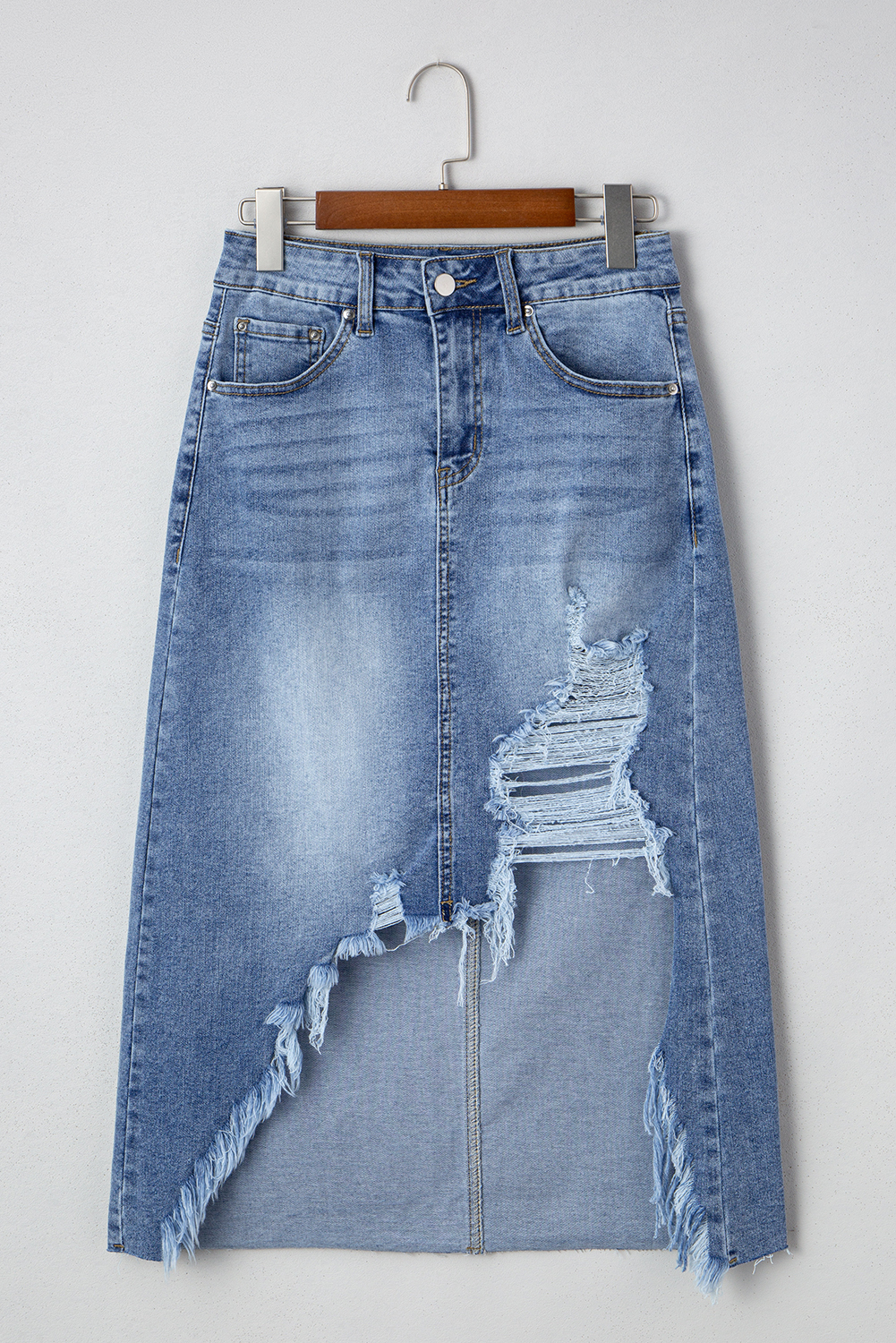 Sail Blue Dearlove Irregular Distressed Bottom Denim Midi Skirt - loveforevers