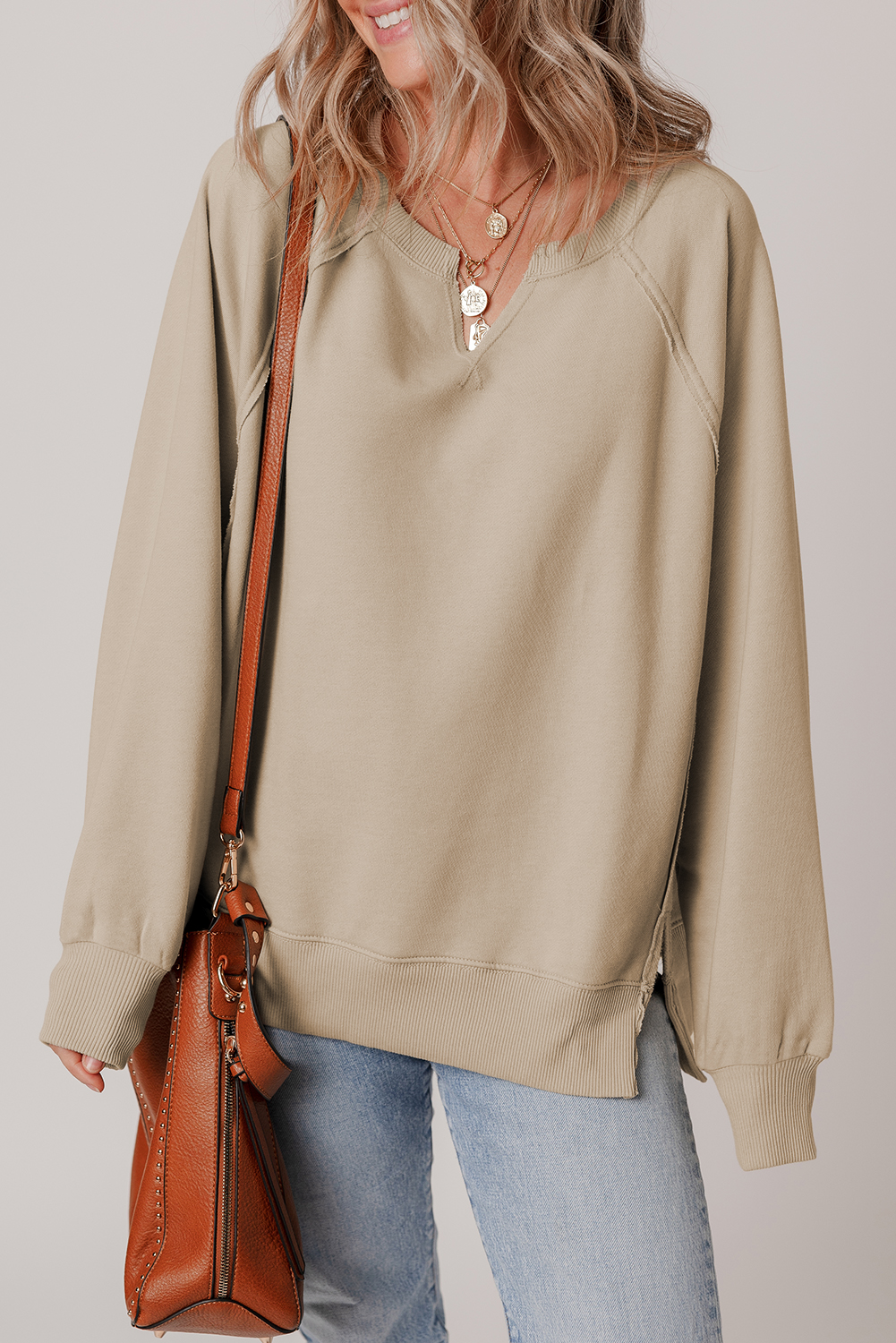 Parchment Raw Edge Exposed Seam Raglan Sleeve Side Slit Sweatshirt - loveforevers