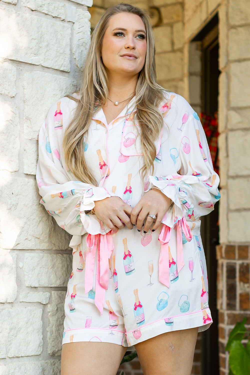 White Christmas Wine Glass Print Bow Knot Two Piece Pajama Set - loveforevers