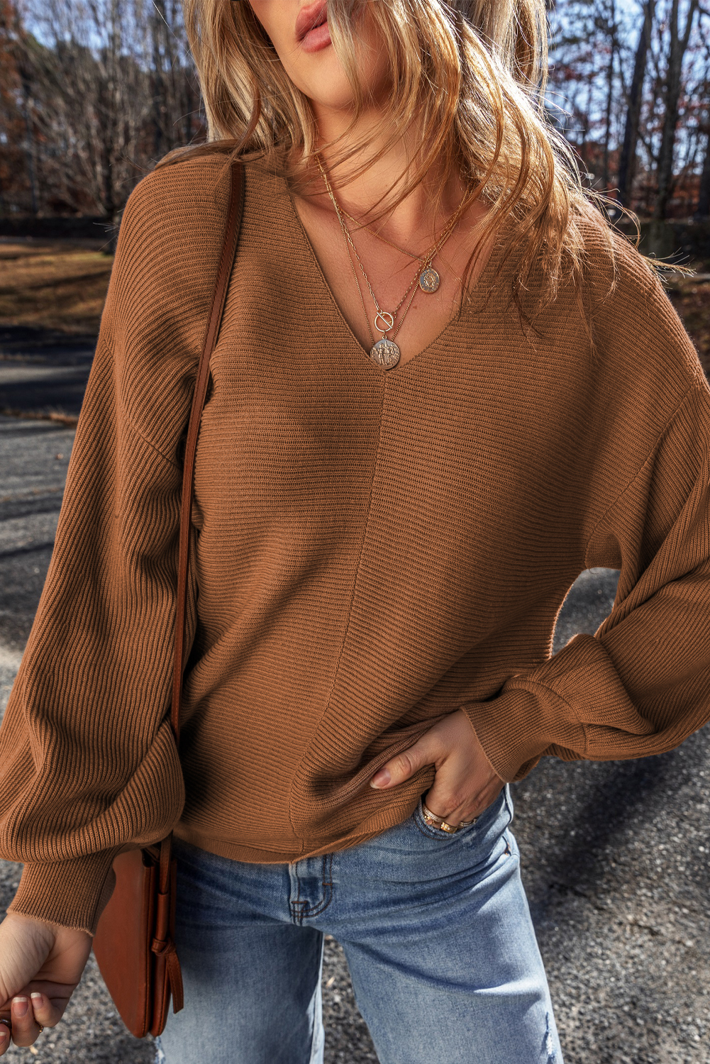 Camel Ribbed Knit Drop Sleeve V Neck Loose Fit Sweater - loveforevers
