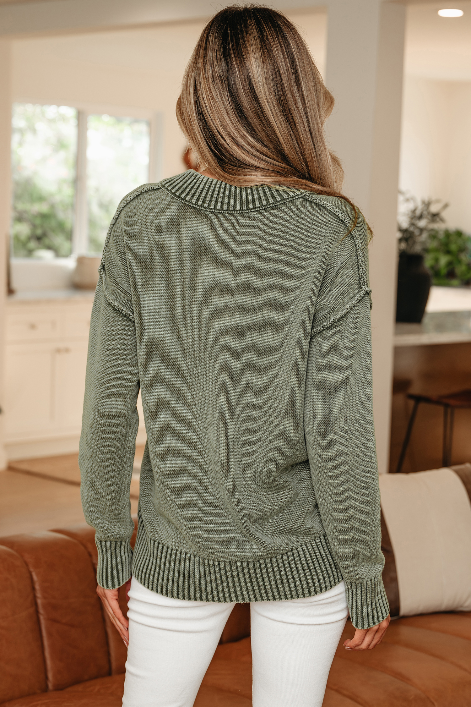 Four Leaf Clover Mineral Wash V Neck Knit Exposed Seam Drop Shoulder Loose Sweater - loveforevers
