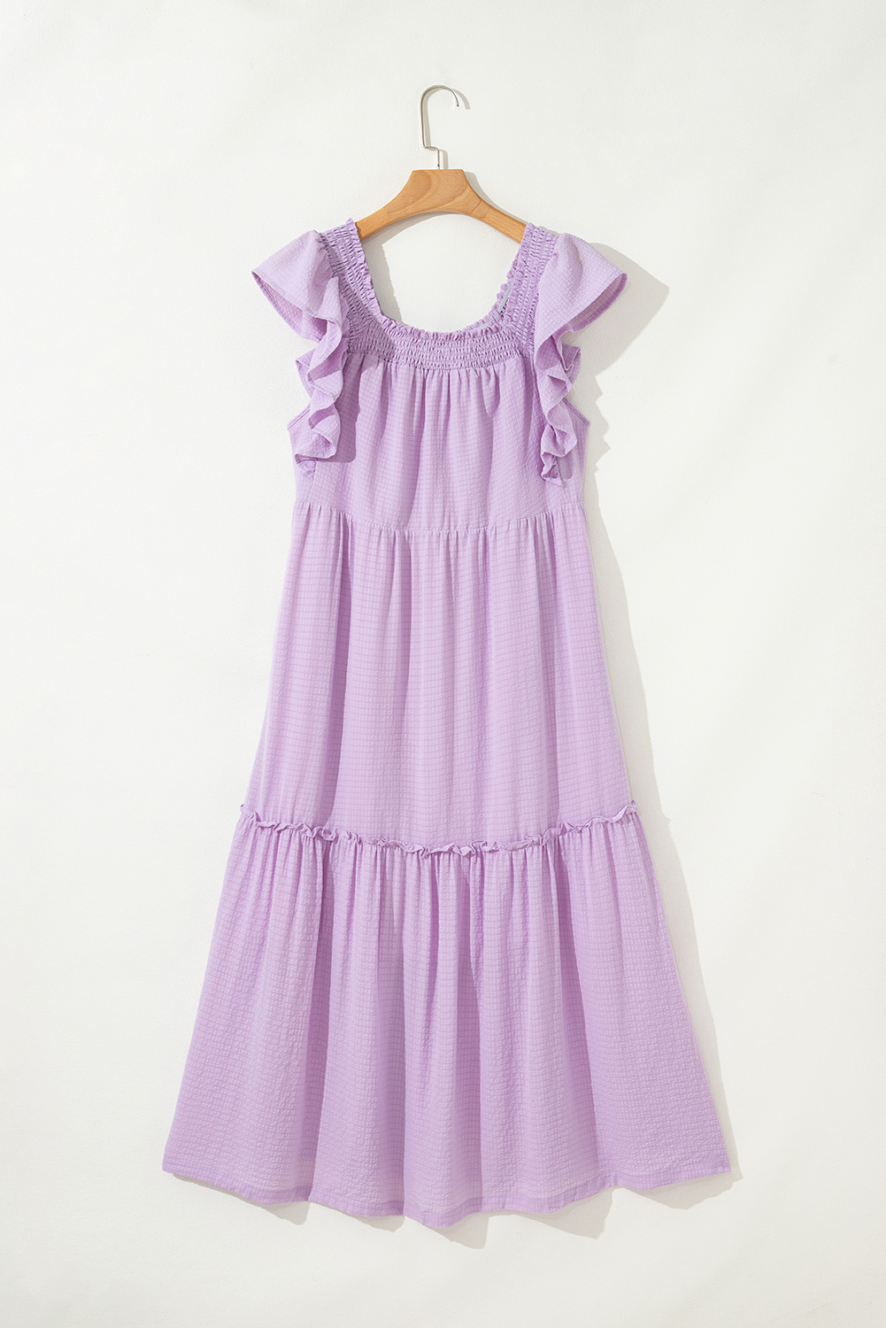 Sky Blue Ruffled Flutter Sleeve Square Neck Textured Tiered Maxi Dress - loveforevers