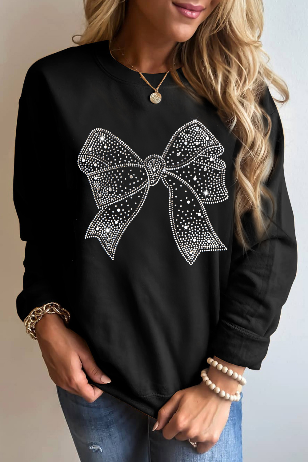Black Rhinestone Bowknot Graphic Crewneck Pullover Sweatshirt - loveforevers