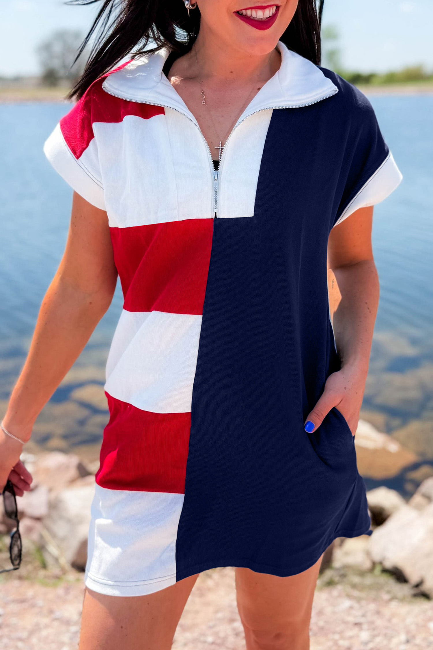 Navy Blue Americana Colorblock Stripes Zip up Collared T Shirt Mini Dress - loveforevers