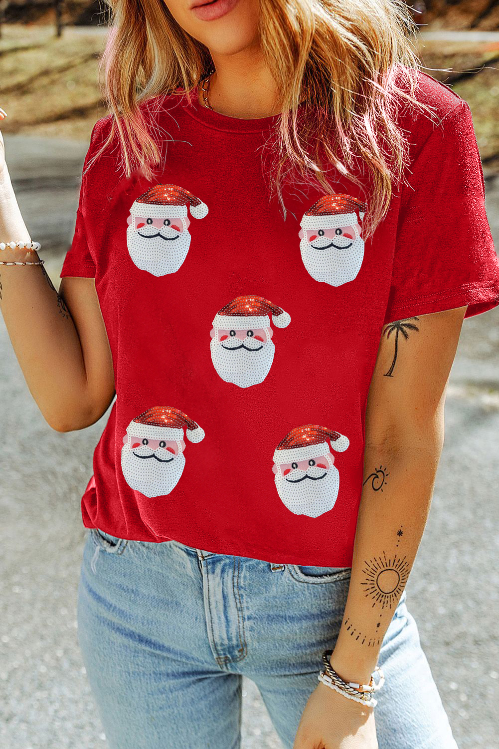 Black Faux Sequin Christmas Claus Pattern Crewneck T Shirt - loveforevers