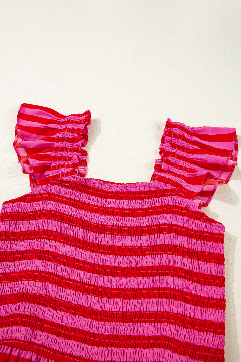 Rose Stripe Flutter Sleeve Smocked Bodice Tiered Maxi Dress - loveforevers
