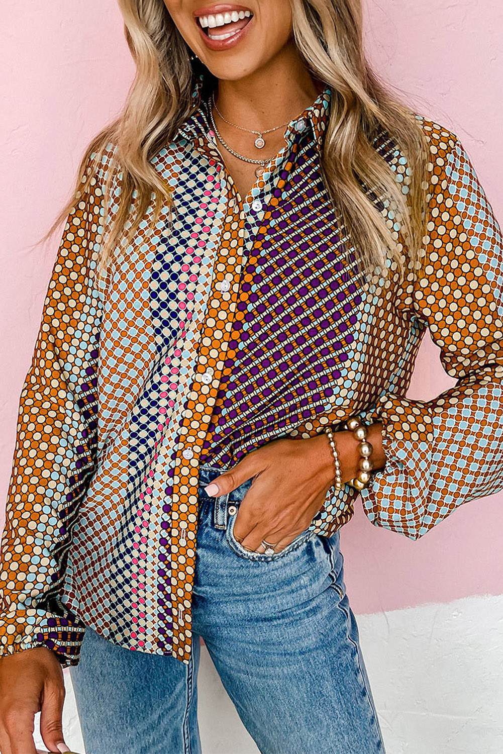 Brown Dot Print Long Sleeve Button Down Shift Shirt - loveforevers