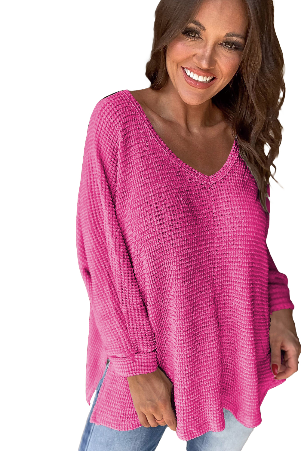 White Waffle Knit Side Slits Loose Fit V Neck Top - loveforevers