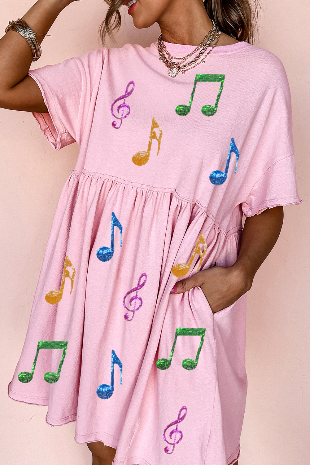 Light Pink Sequined Note Pattern Raw Edge Music Festival Babydoll T-shirt Dress - loveforevers