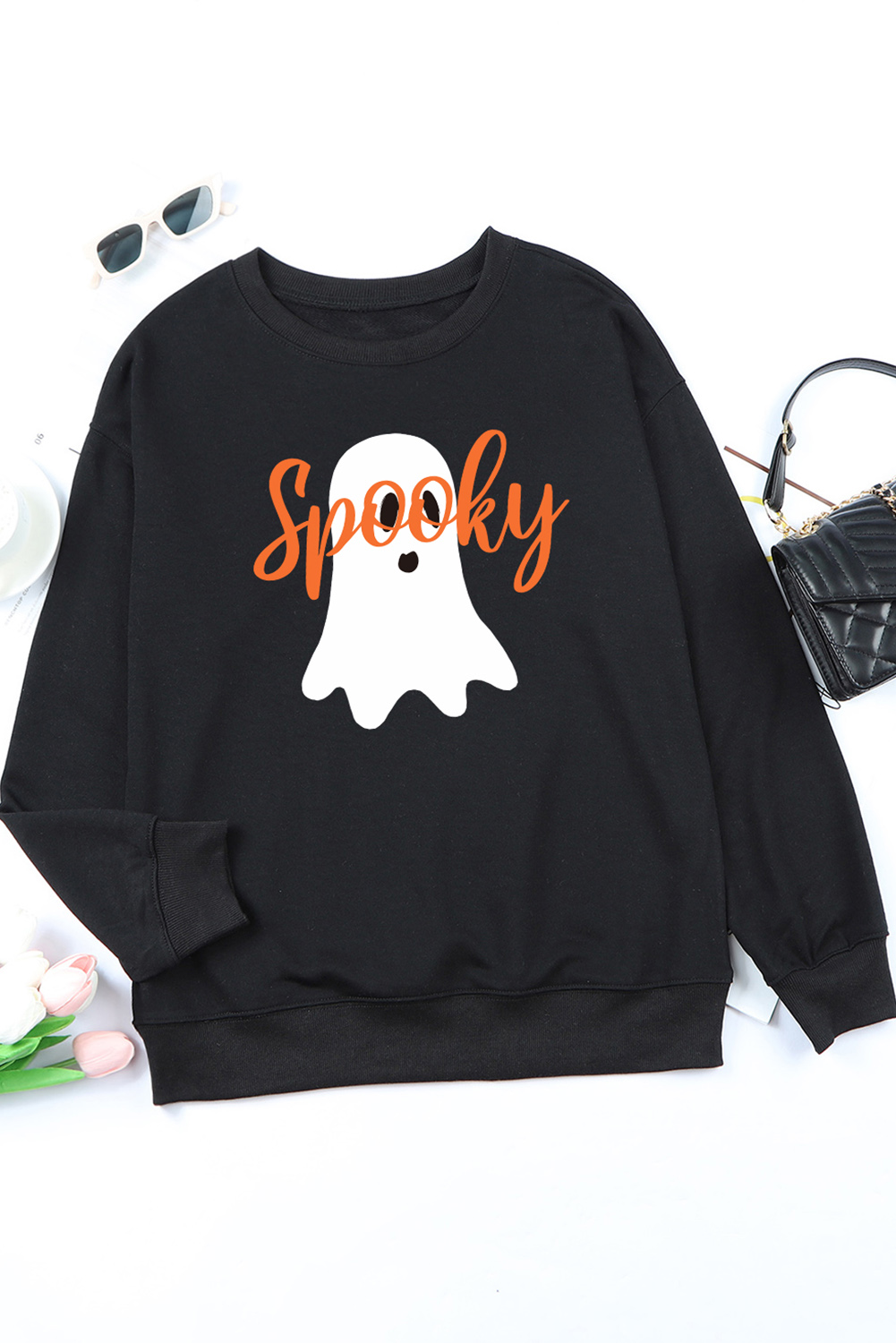 Black Halloween Spooky Ghost Print Crewneck Pullover Sweatshirt - loveforevers