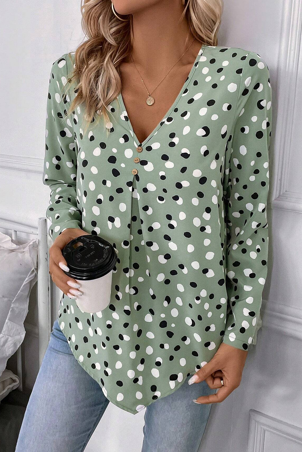 Green Polka Dot Print Button Front V Neck Blouse - loveforevers