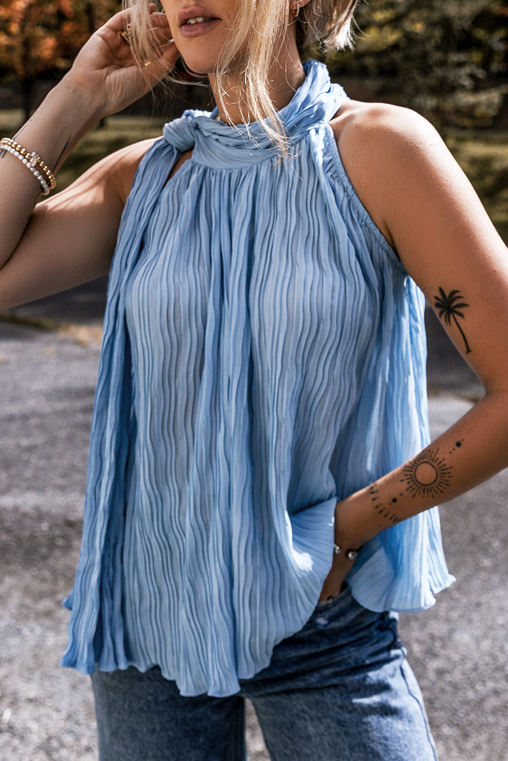 Myosotis Textured Pleated Tied Mock Neck  Flowy Tank Top - loveforevers