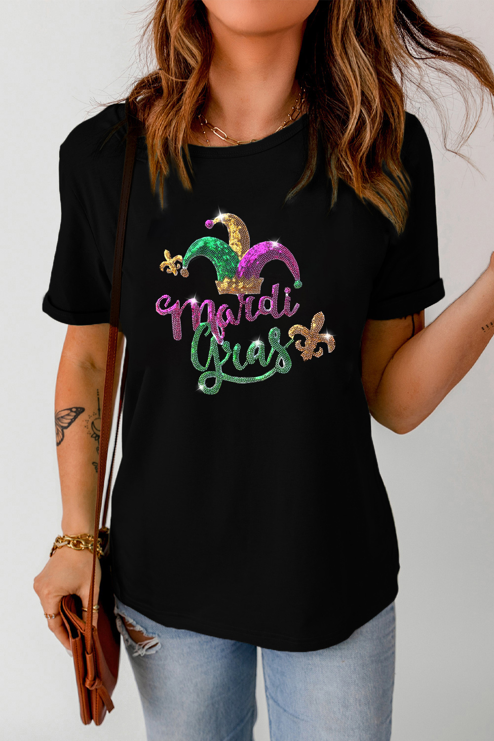 White Mardi Gras Sequin Graphic T-shirt - loveforevers