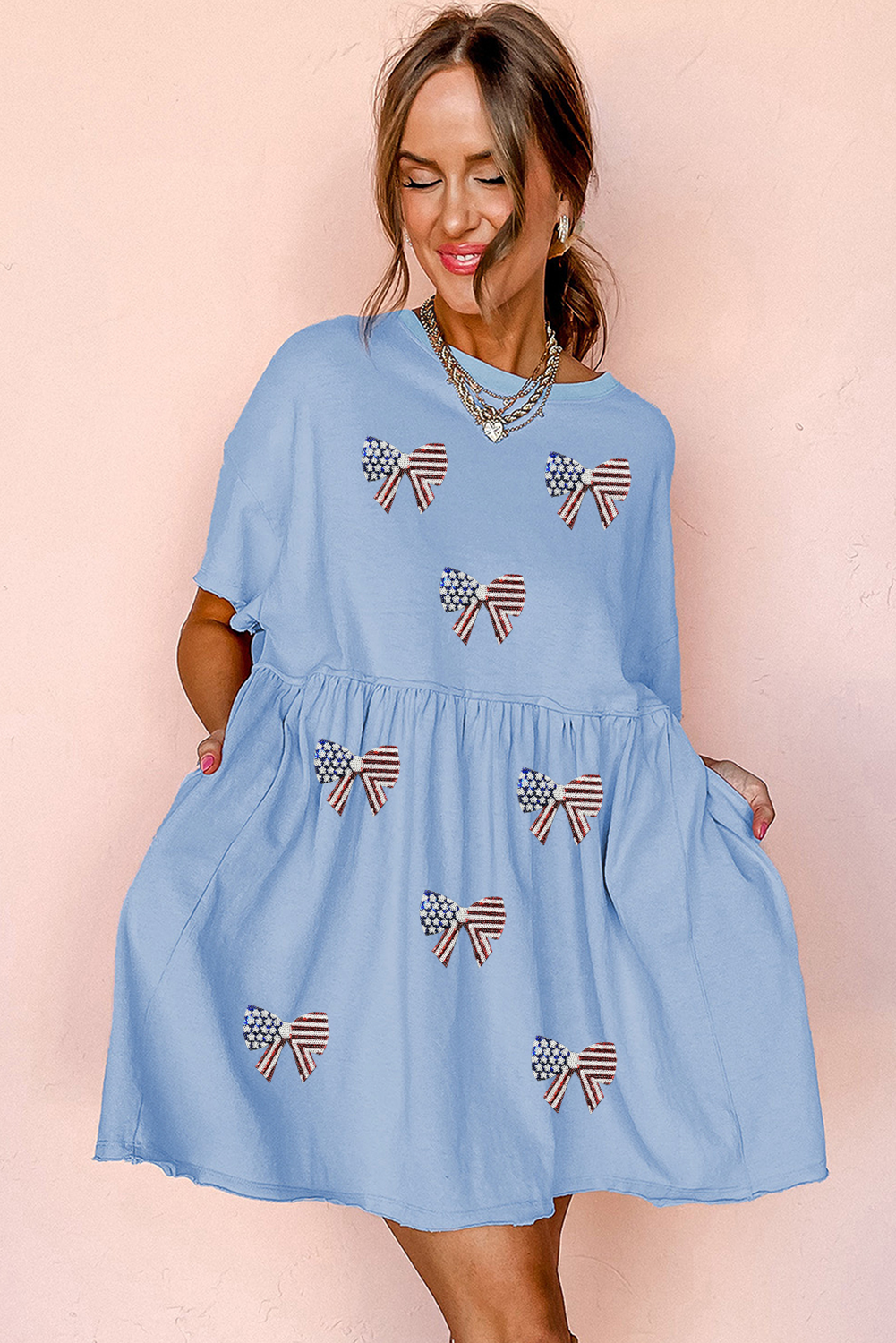 Sky Blue Star and Stripes Sequin Bow Patched T Shirt Babydoll Dress - loveforevers