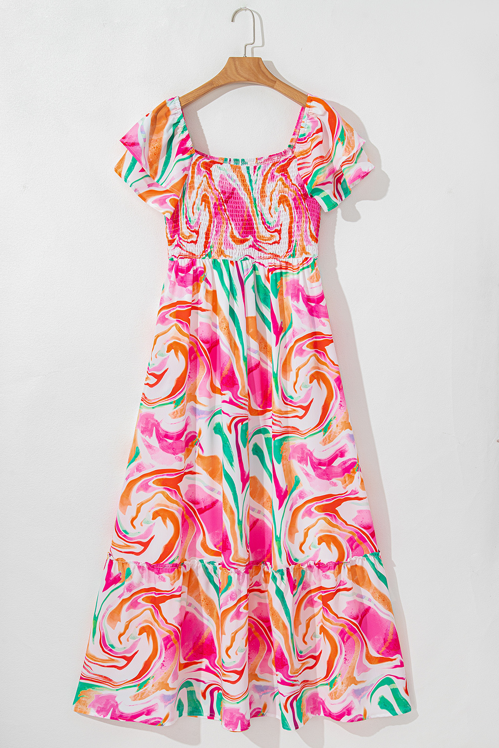 Pink Abstract Print Ruffled Sleeve Smocked Bust Maxi Dress - loveforevers