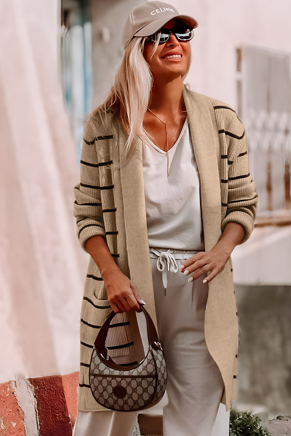 Black Stripe Shawl Neckline Open Cardigan with Pockets - loveforevers
