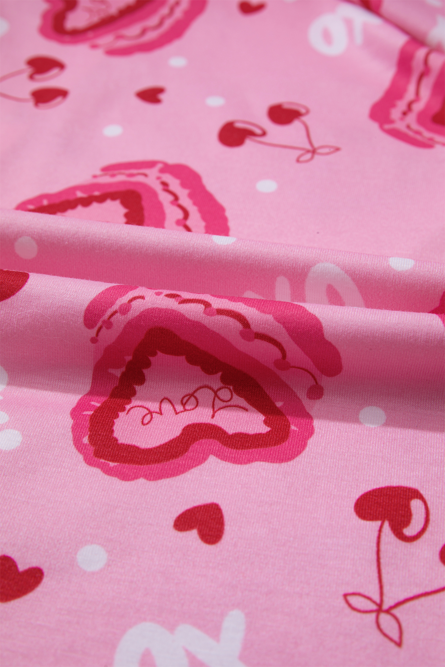 Pink Sweet Heart Cake Print Contrast Ruffle Trim Valentines 2pcs Pajama Set - loveforevers