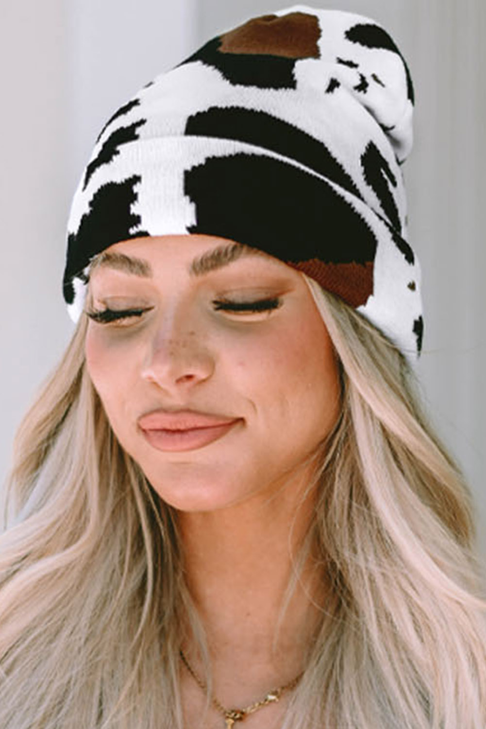 Black Cow Spots Printed Warm Beanie Hat - loveforevers
