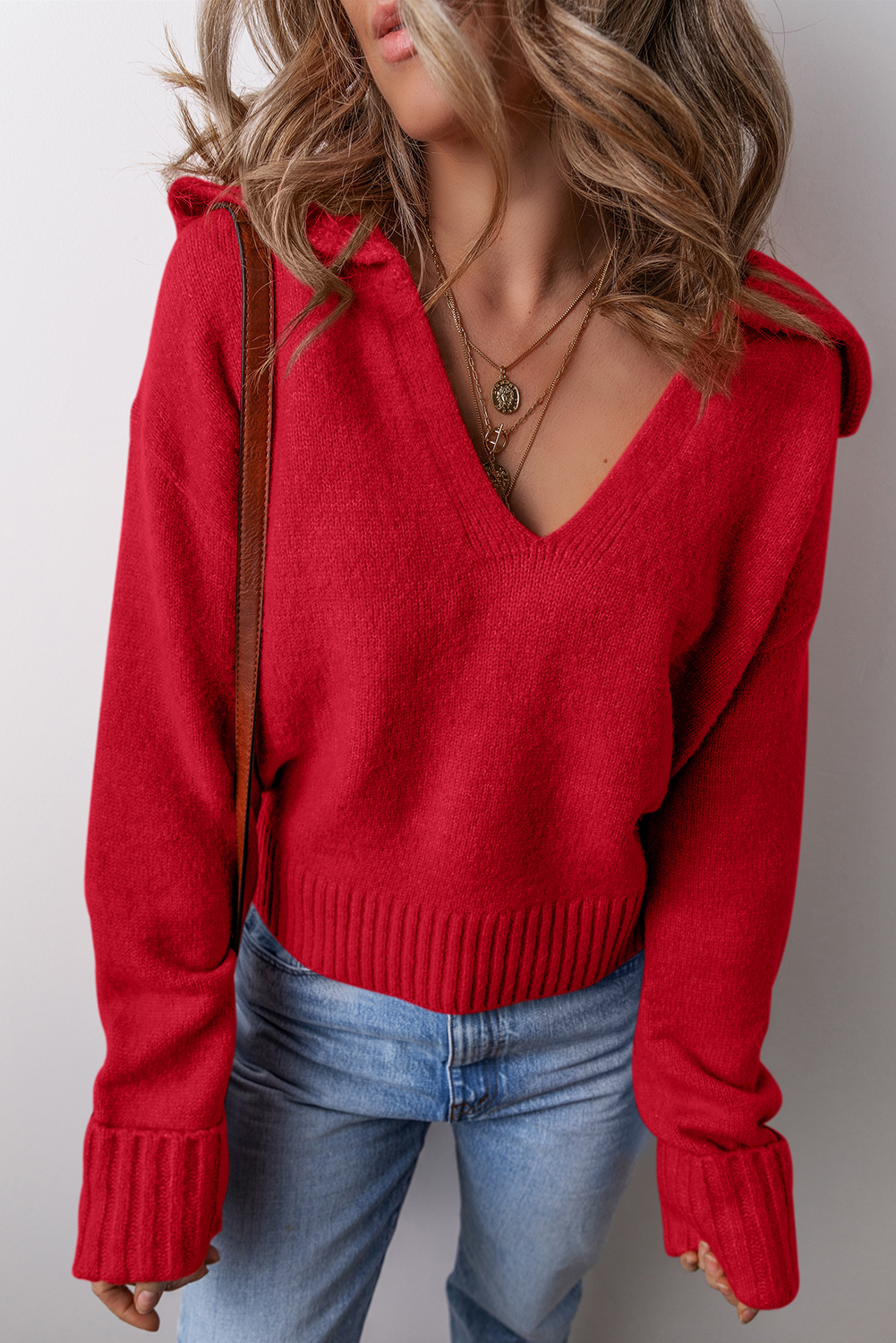 Racing Red Collared V Neck Ribbed Edge Sexy Elegant Sweater - loveforevers