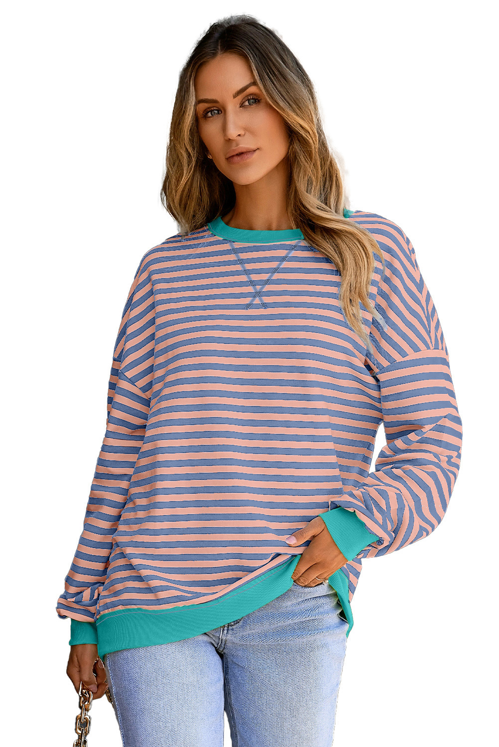 Red Stripe Contrast Ribbed Trim Crossed Stitch Drop Shoulder Sweatshirt - loveforevers