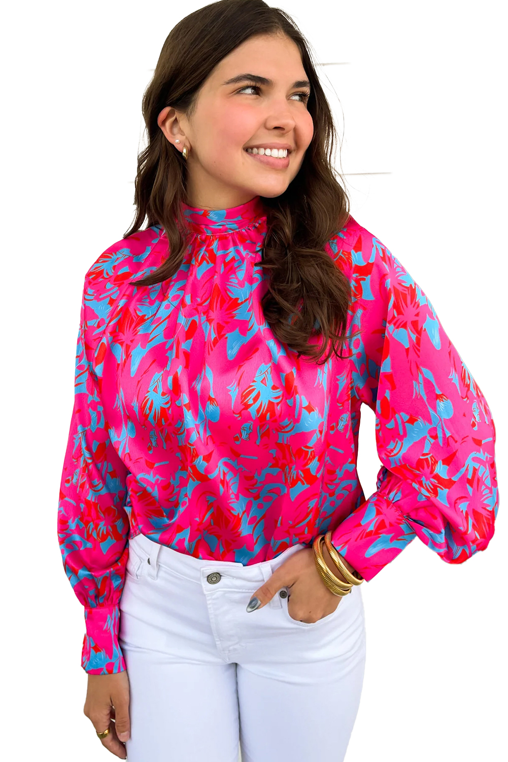 Purple Printed Bubble Sleeve Mock Neck Blouse - loveforevers