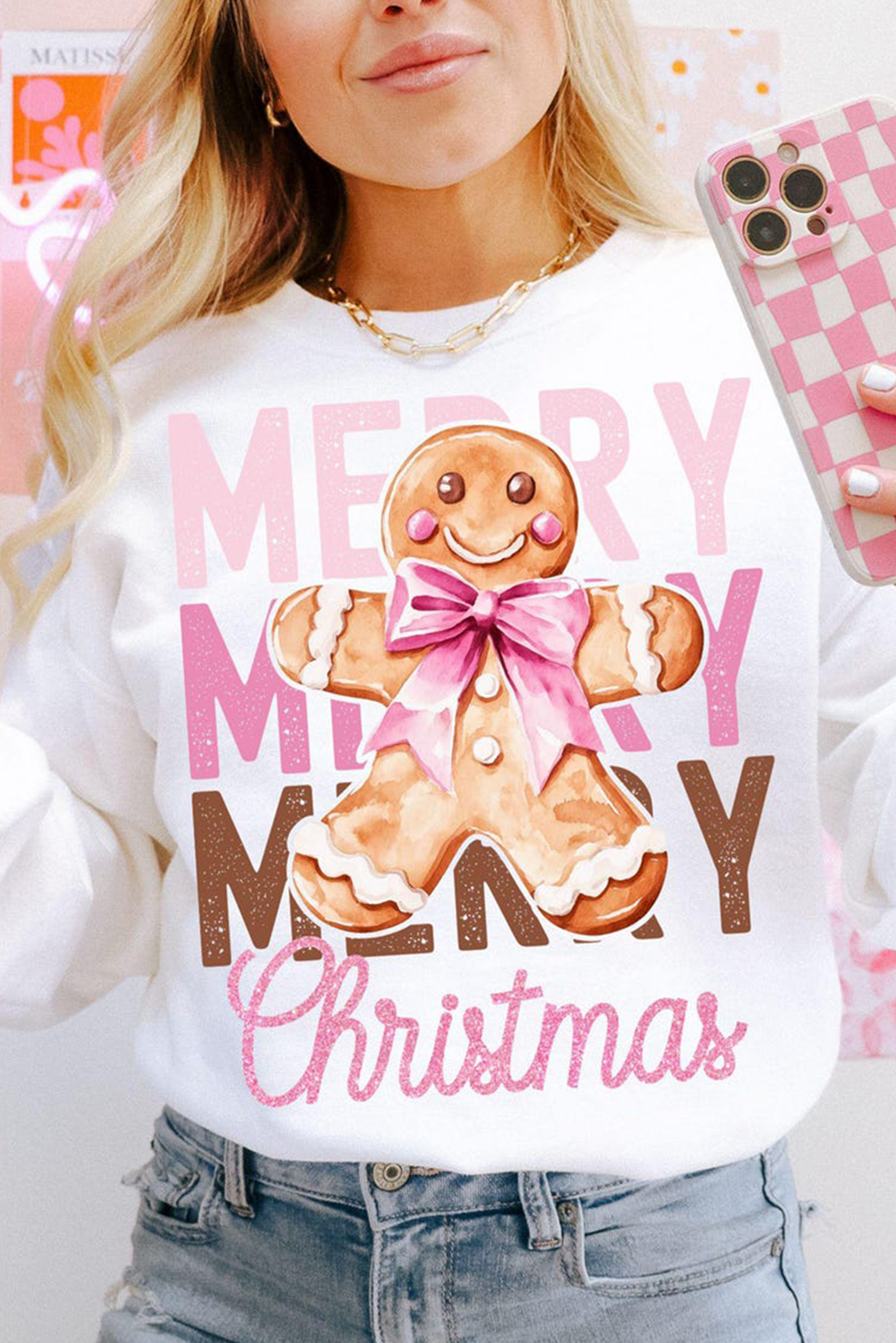 Beige Merry Christmas Gingerbread Man Graphic Sweatshirt - loveforevers