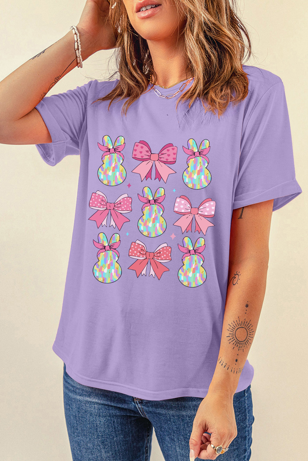 Wisteria Dotty Bowknot Bunny Graphic Crewneck Easter Fashion T Shirt - loveforevers