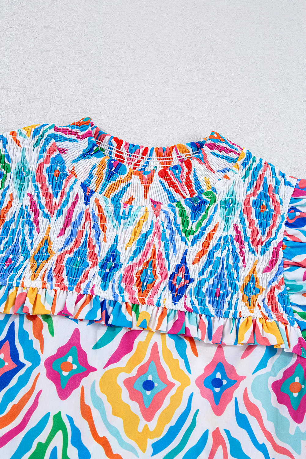 Light Blue Geometric Printed Flutter Sleeve Mock Neck Shirred Blouse - loveforevers