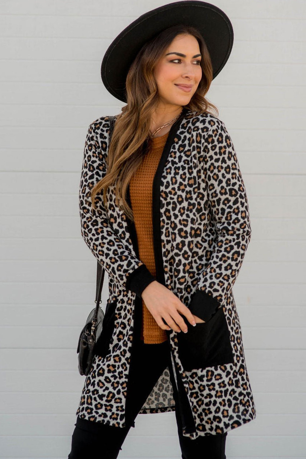 Black Leopard Patched Pocket Open Front Cardigan - loveforevers