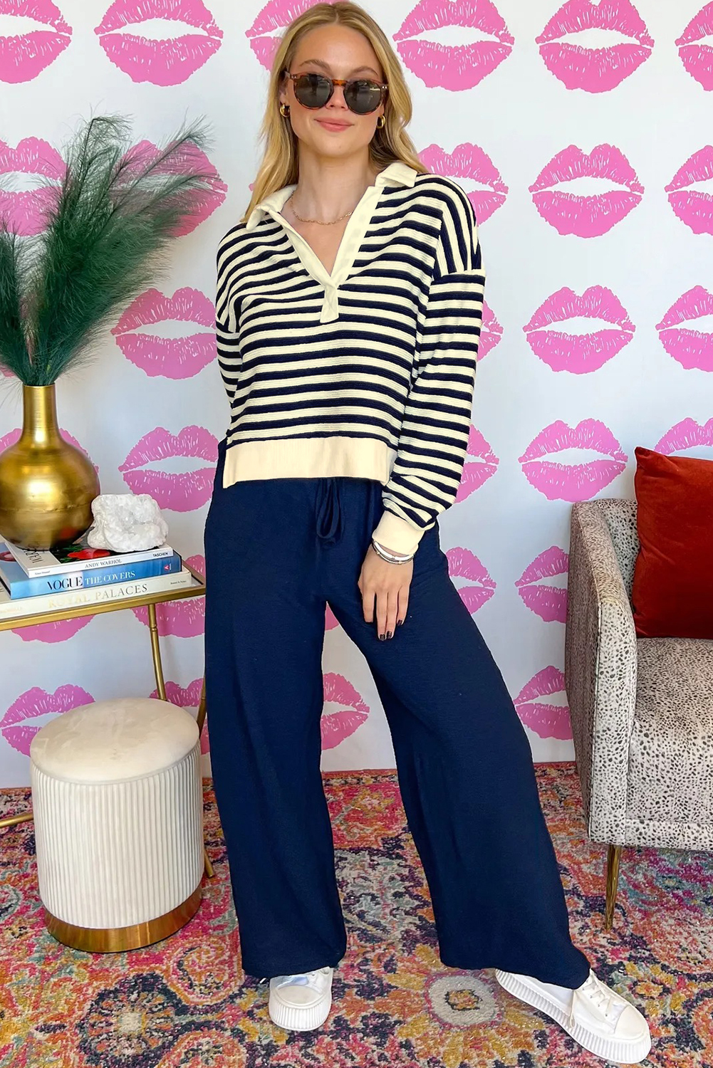 Blue Stripe Collared V Neck Long Sleeve Casual Top - loveforevers