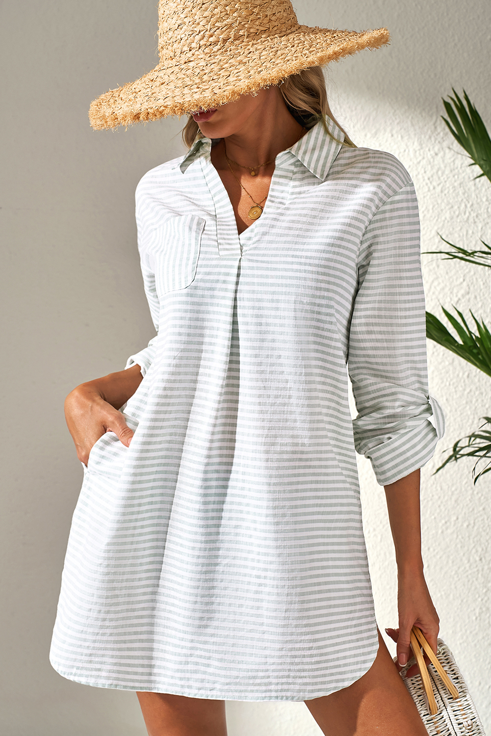 White Stripe Collared V Neck Chest Pocket Long Sleeve Beach Cover up - loveforevers