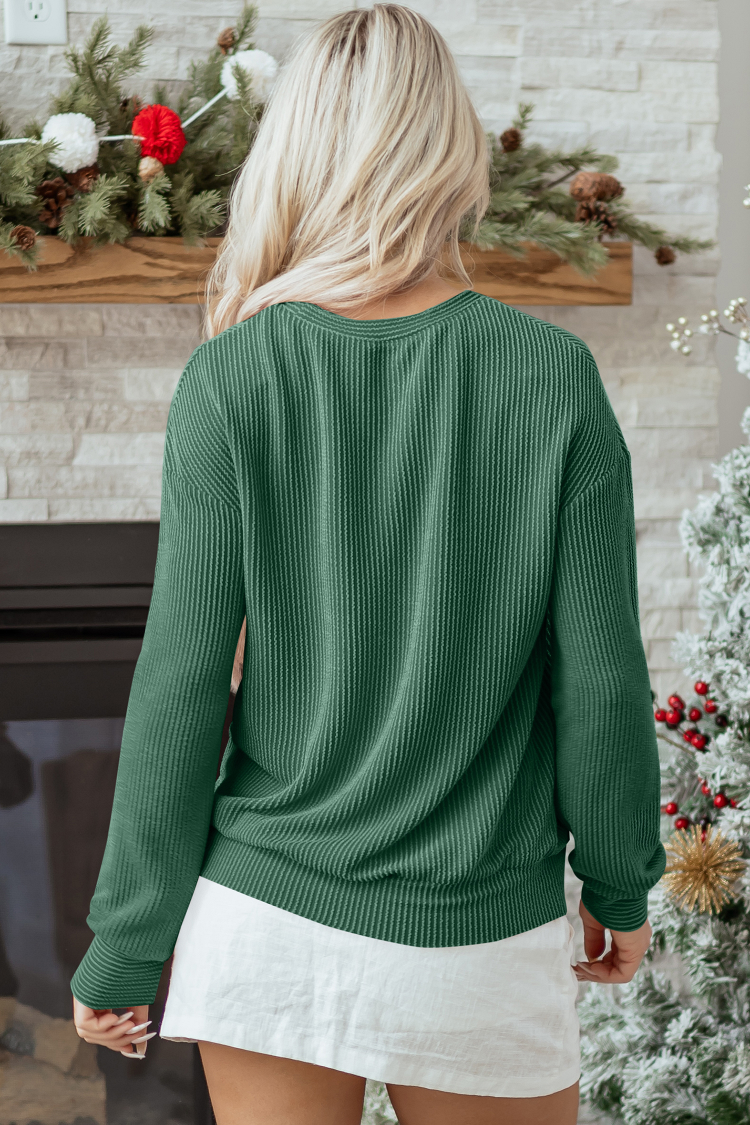 Evergreen Twisted Rib Outlined Merry Letter Graphic Loose Long Sleeve Top - loveforevers