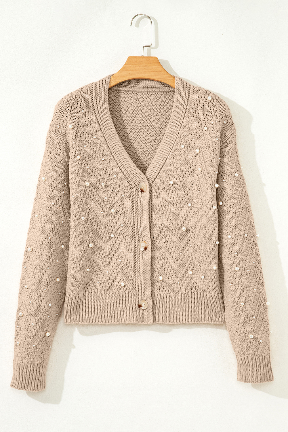 Smoke Gray Pearl Embellished Button Front V Neck Sweater Cardigan - loveforevers