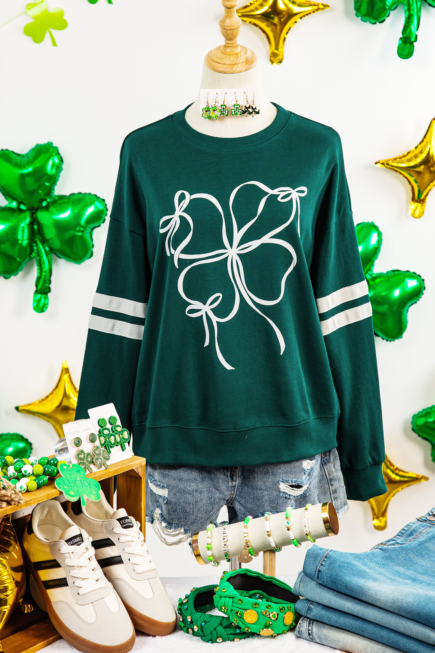Evergreen Ribbon Bow Lucky Clover Varsity Striped Sleeve Casual Sweatshirt - loveforevers