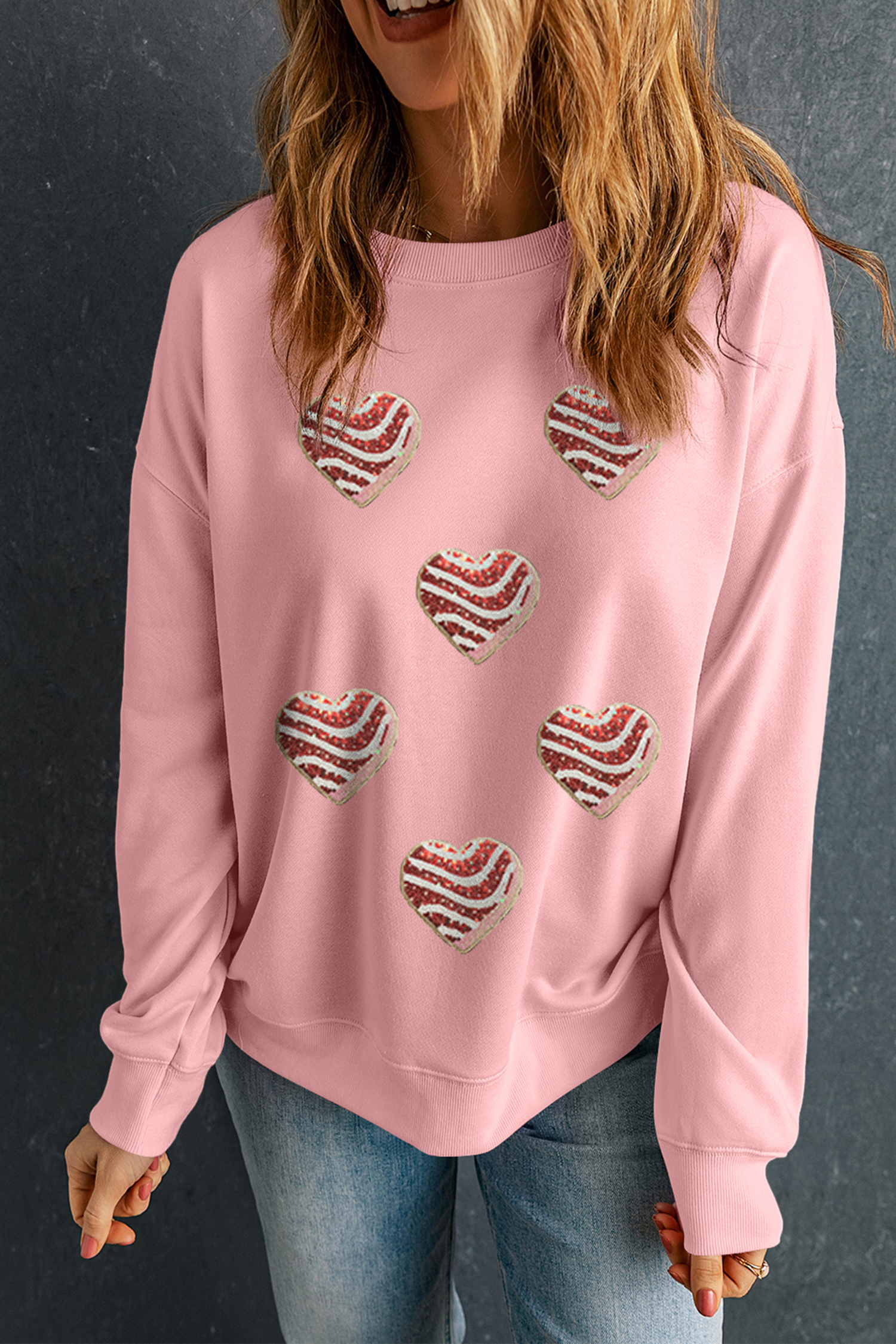 Pink Sequined Valentine Heart Print Round Neck Sweatshirt - loveforevers