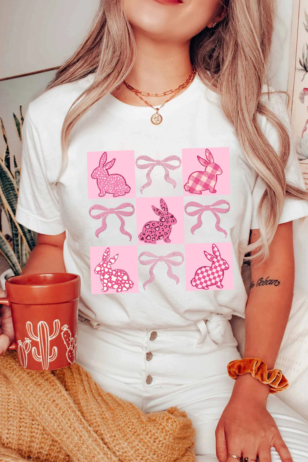 White Bunny Bowknot Graphic Easter Fashion T Shirt - loveforevers