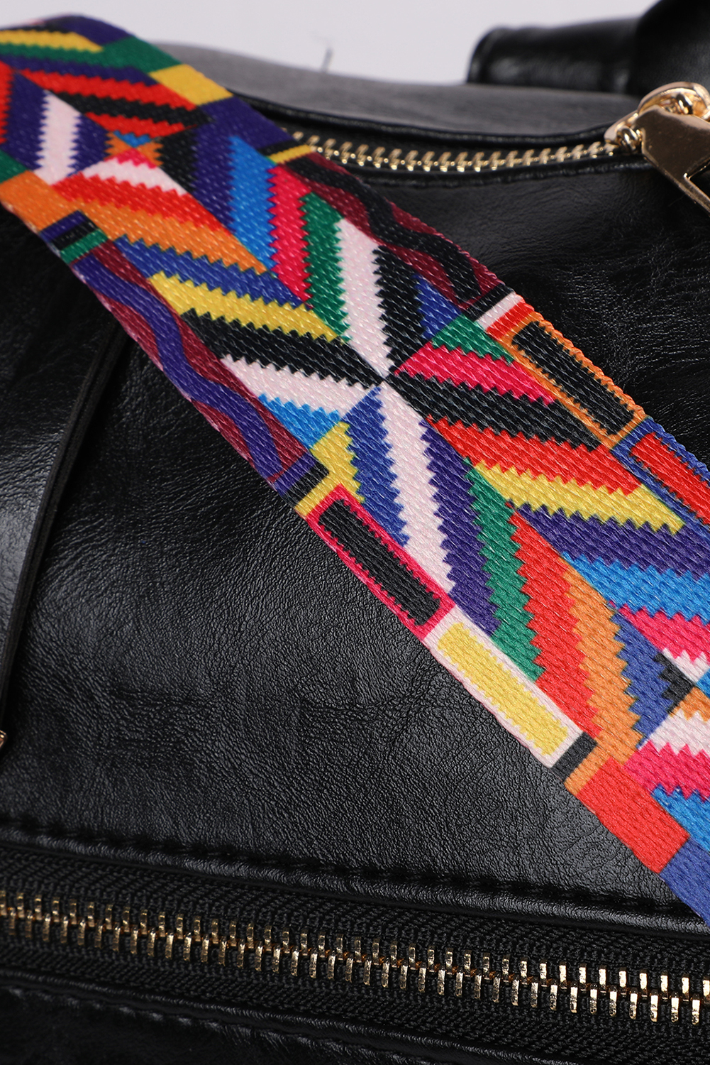 Color black Geometric Crochet Strap PU Leather Large Backpack - loveforevers
