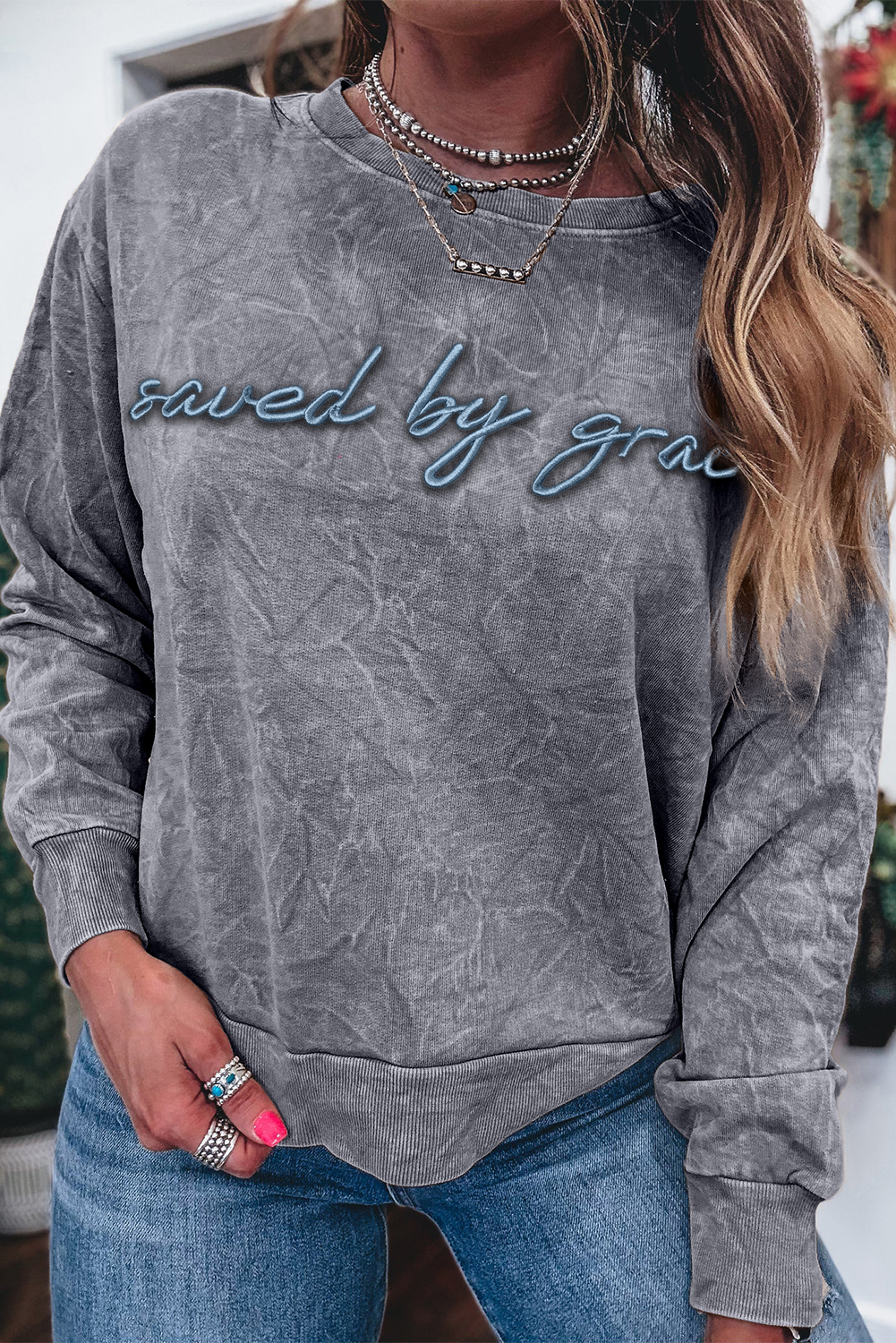 DUNE saved by grace Letter Embroidery Mineral Wash Loose Sweatshirt - loveforevers