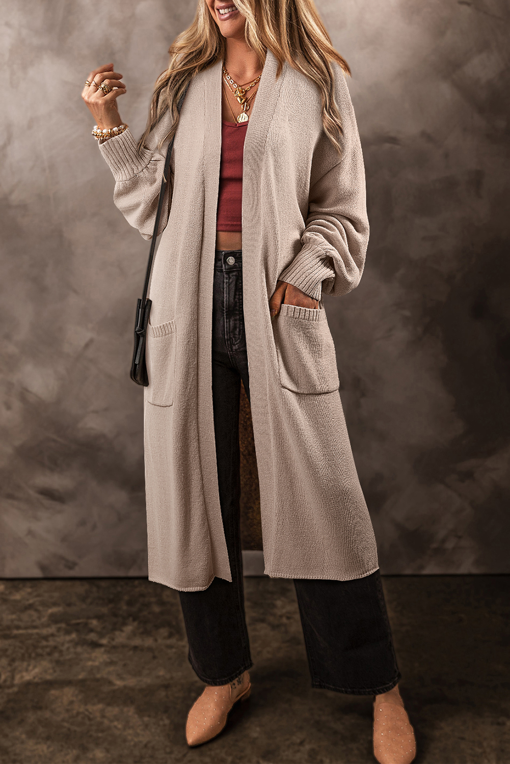Beige Side Pockets Open Front Long Knitted Cardigan - loveforevers