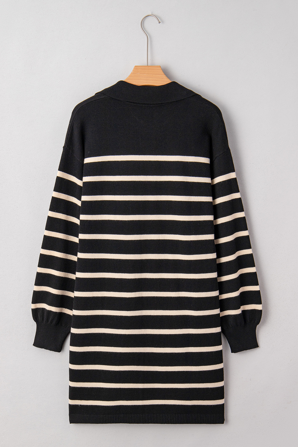 Black Stripe Polo Collar Puff Sleeve Sweater Mini Dress - loveforevers
