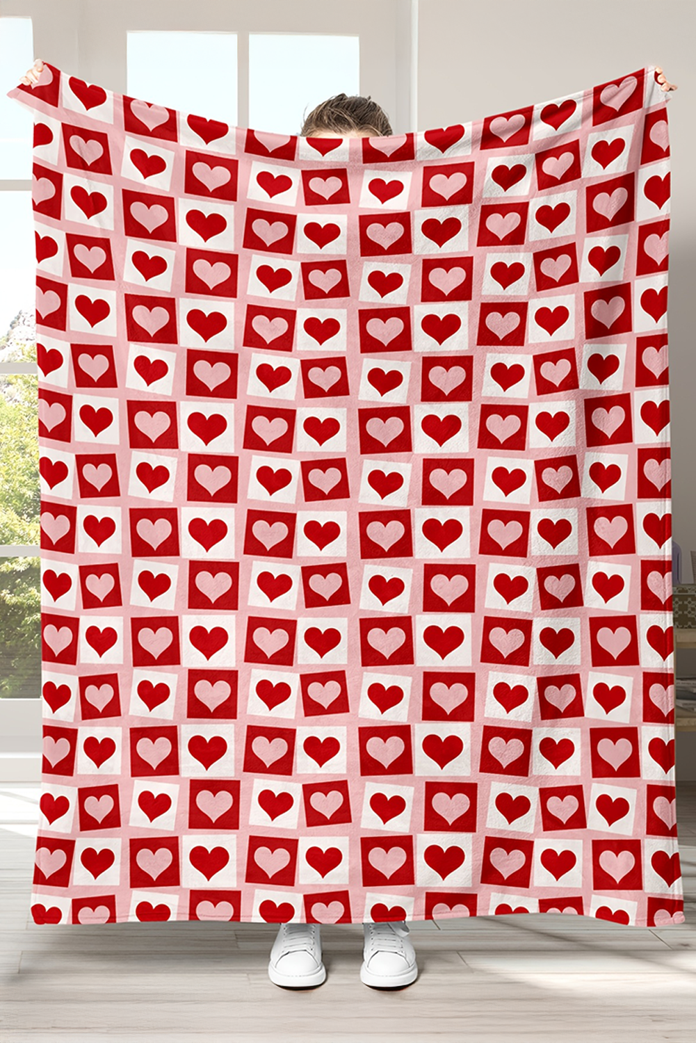 Fiery Red Heart Checkered Print Soft Large Blanket - loveforevers