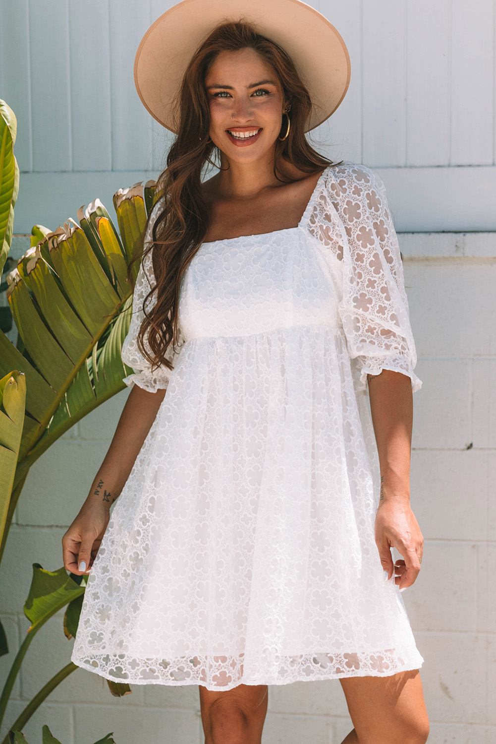 White Floral Lace Puff Sleeve Empire Waist Mini Dress - loveforevers