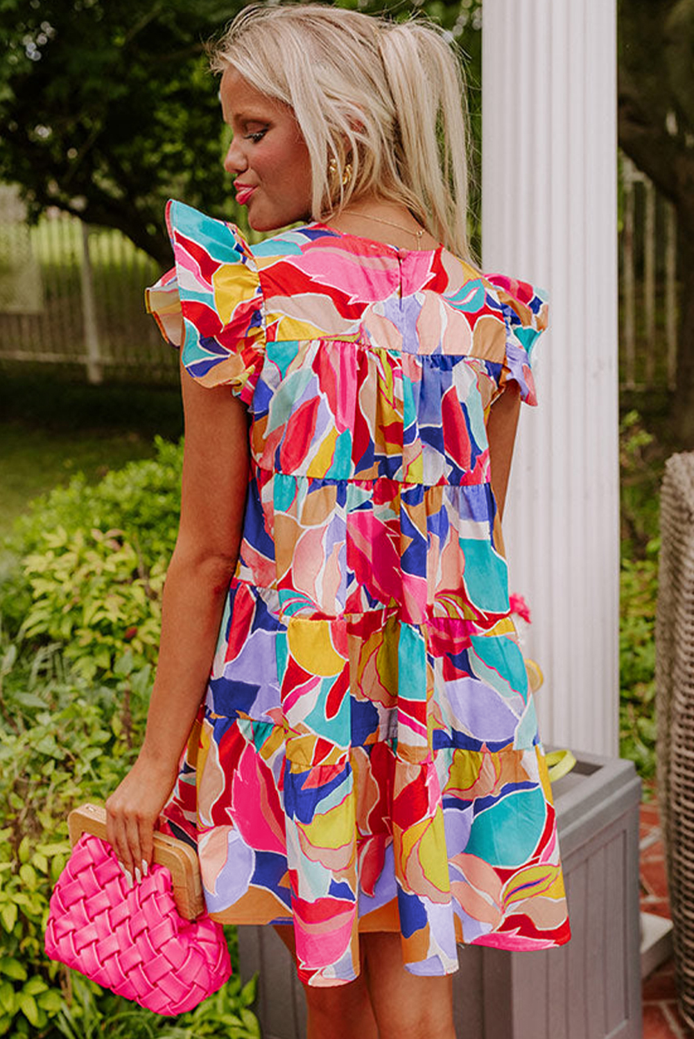 Pink Abstract Printed Ruffled Flutter Sleeve Tiered Mini Dress - loveforevers