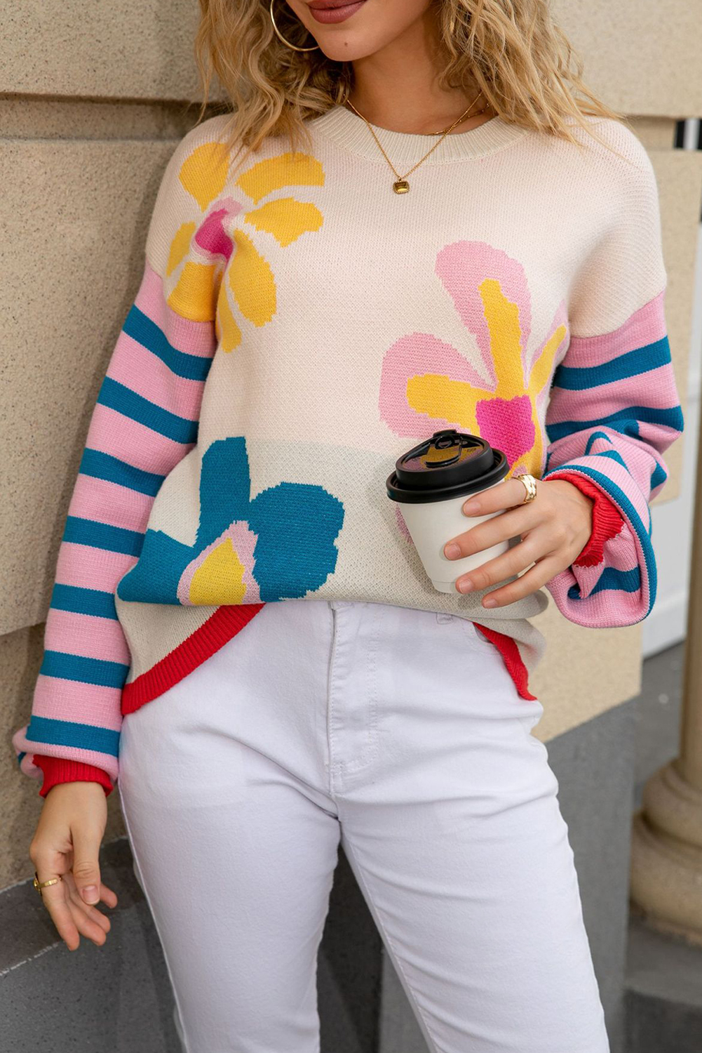 Apricot Cute Flower Pattern Striped Sleeve Sweater - loveforevers
