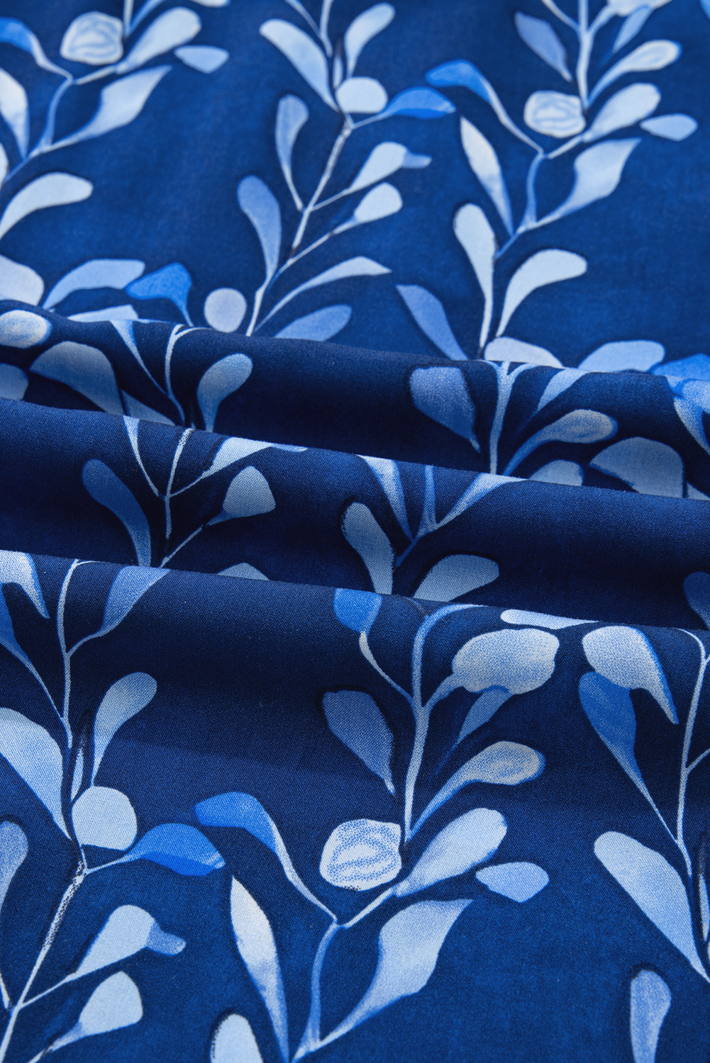 Blue Botanical Print Bracelet Sleeve Notched Neck Blouse - loveforevers