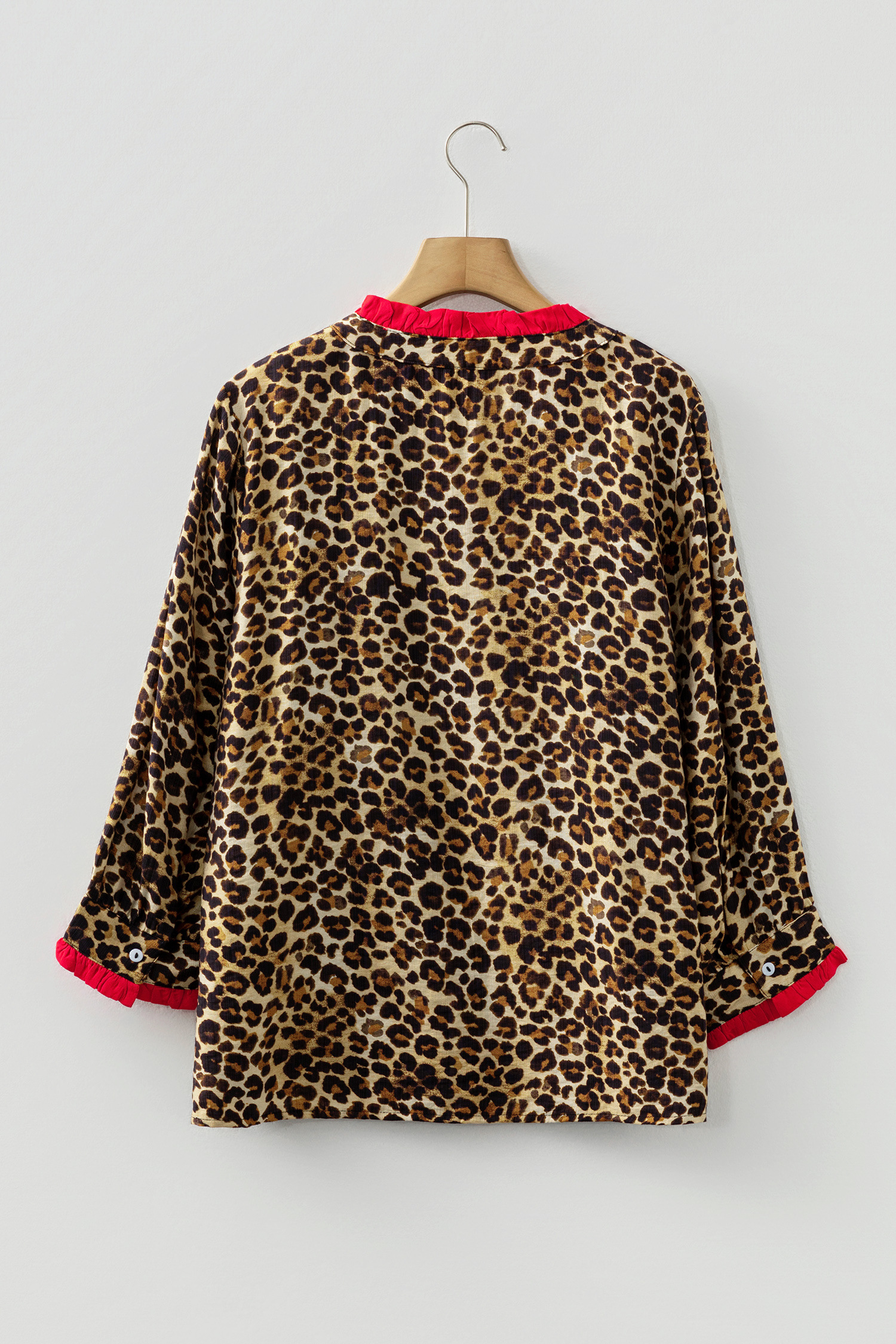 Brown Fierce Leopard Allure Contrast Ruffle Trim V Neck Shirt - loveforevers