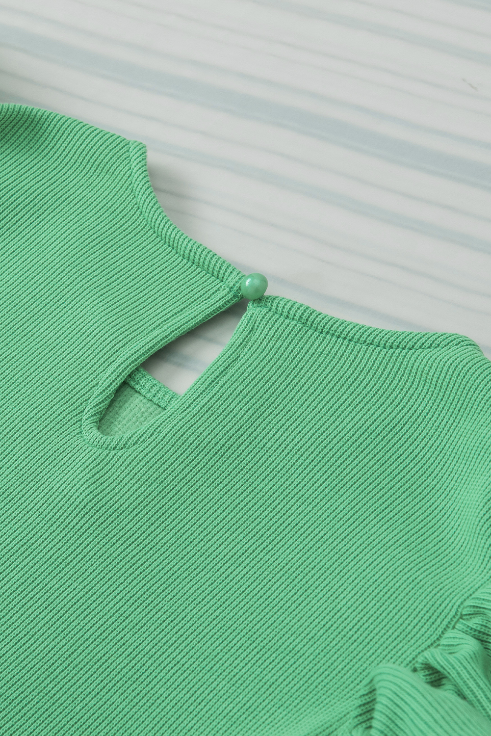 Green Ribbed Knit Puffy Ruffle Sleeve Blouse - loveforevers