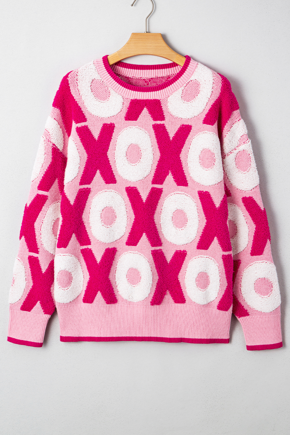 Pink XOXO Pattern Drop Shoulder Crewneck Valentines Sweater - loveforevers