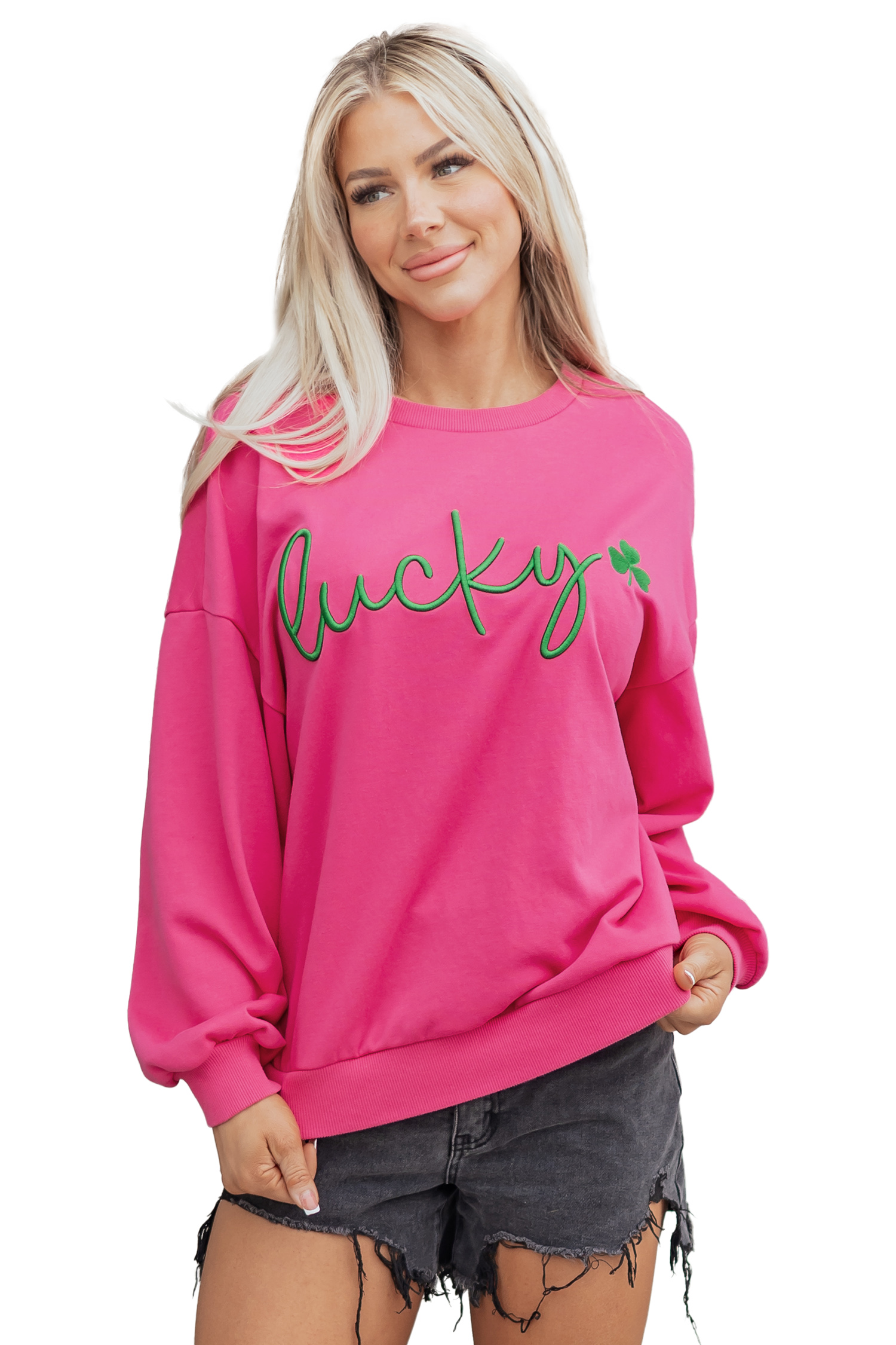 Rose Red Lucky Clover Embroidered Loose Pullover Sweatshirt - loveforevers
