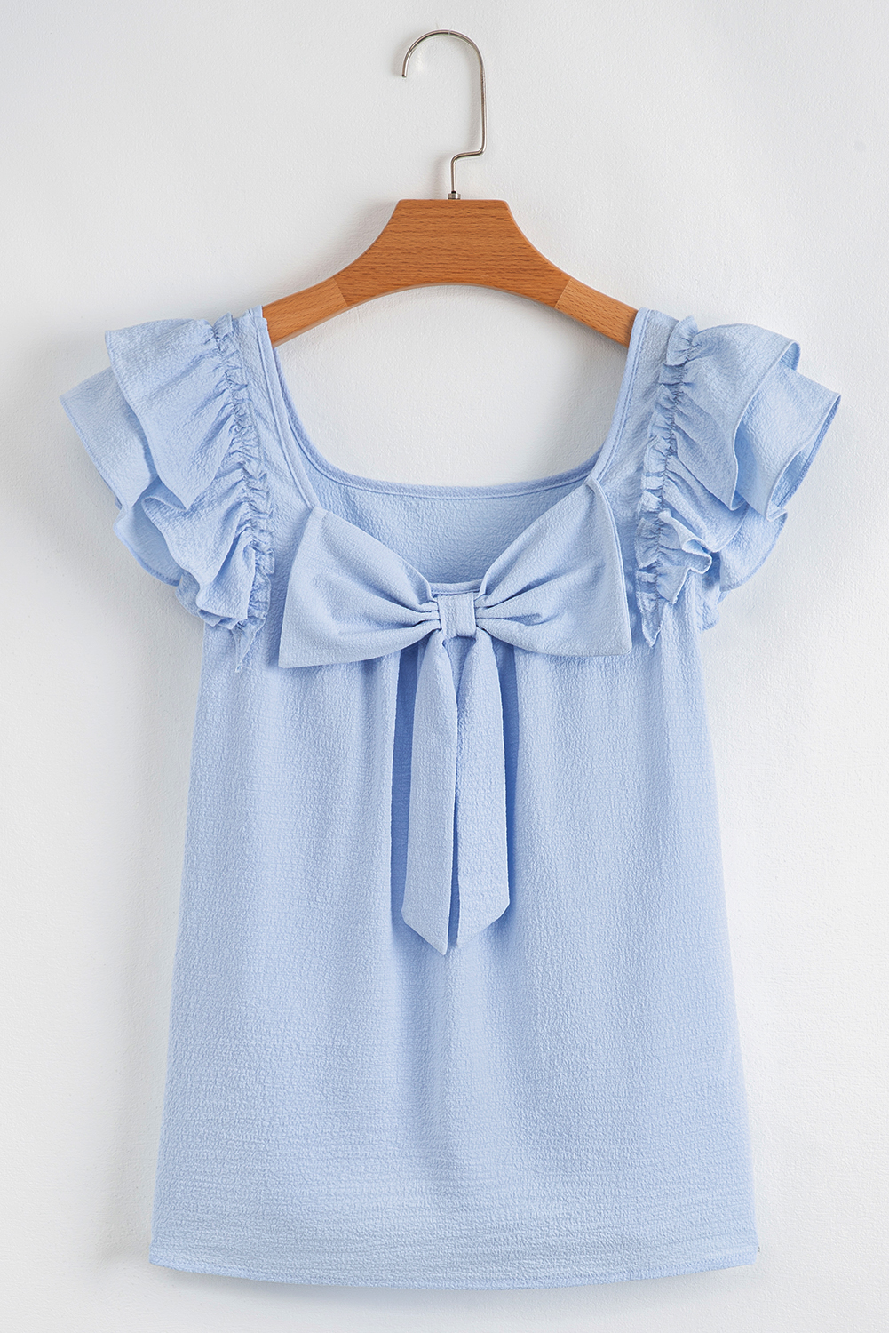Beau Blue Textured Bow Knot Frilled Butterfly Sleeve Blouse - loveforevers